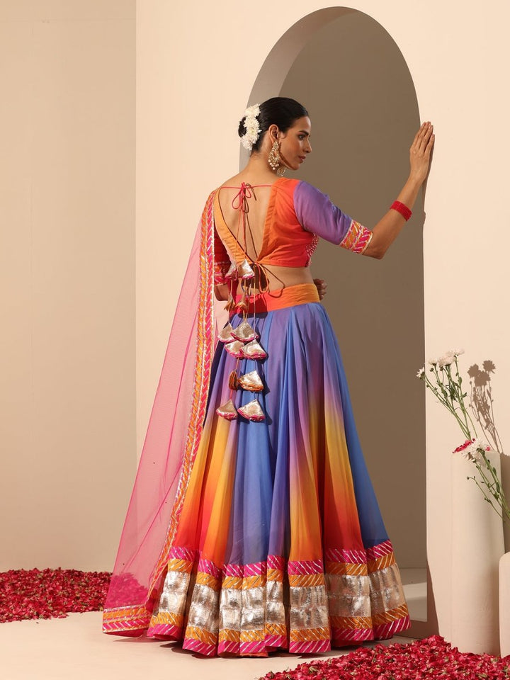 GUL RANGRITI MULTICOLOR ORGANZA LAPPA WORK LEHENGA WITH SOFT NET DUPATTA - Pomcha Jaipur