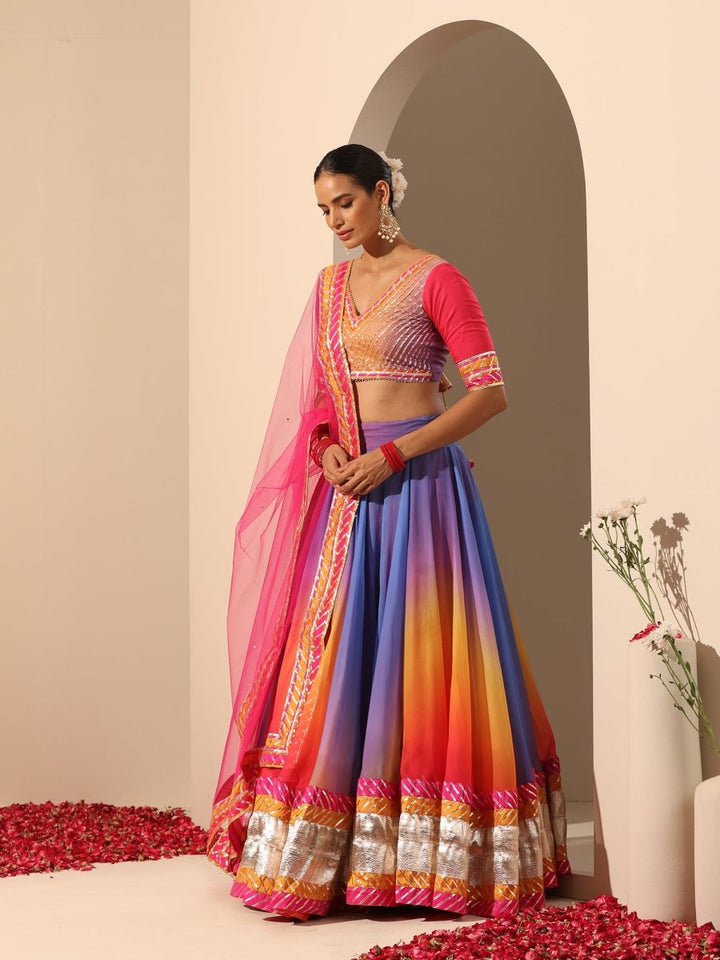 GUL RANGRITI MULTICOLOR ORGANZA LAPPA WORK LEHENGA WITH SOFT NET DUPATTA - Pomcha Jaipur