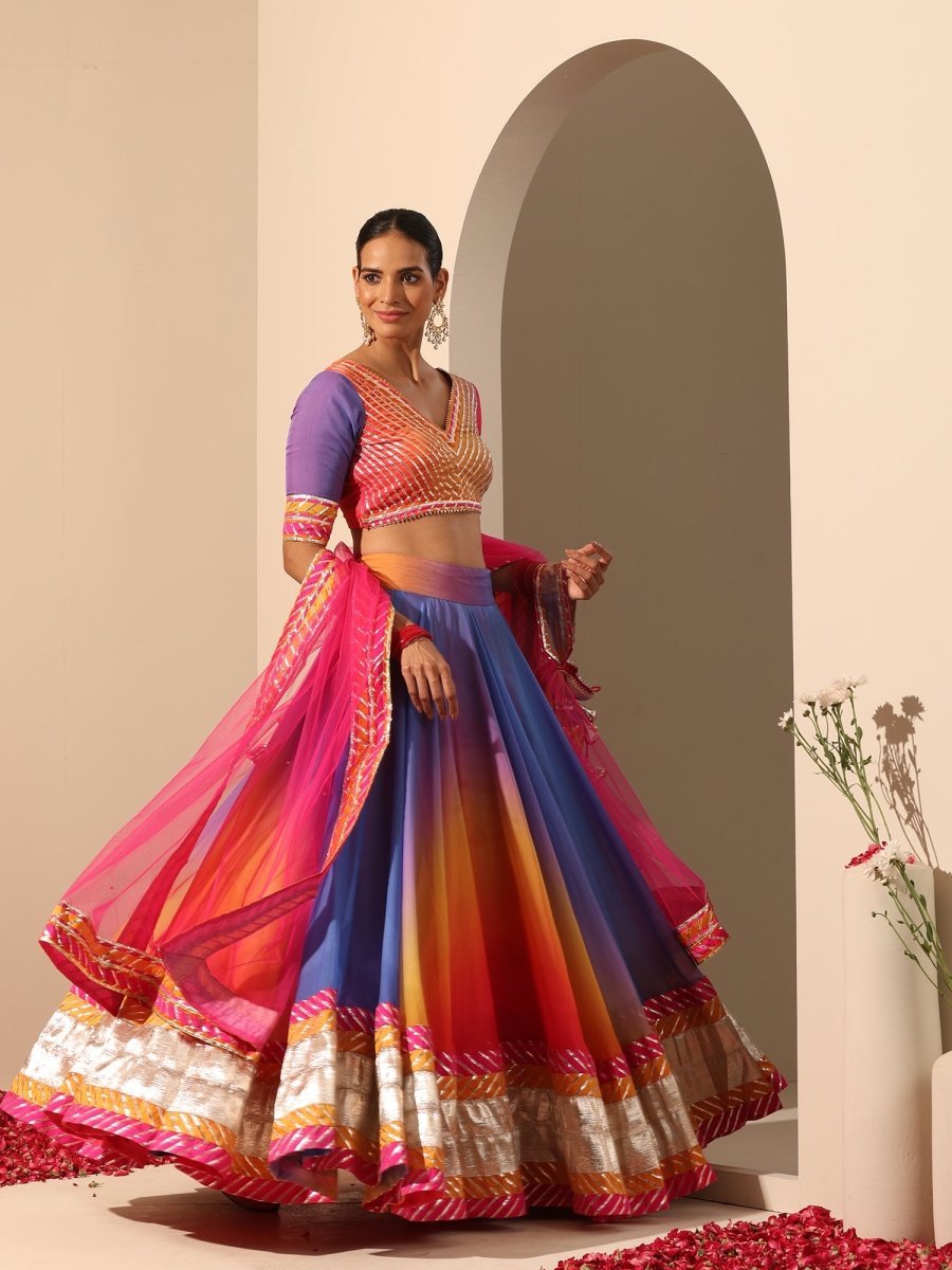 GUL RANGRITI MULTICOLOR ORGANZA LAPPA WORK LEHENGA WITH SOFT NET DUPATTA - Pomcha Jaipur