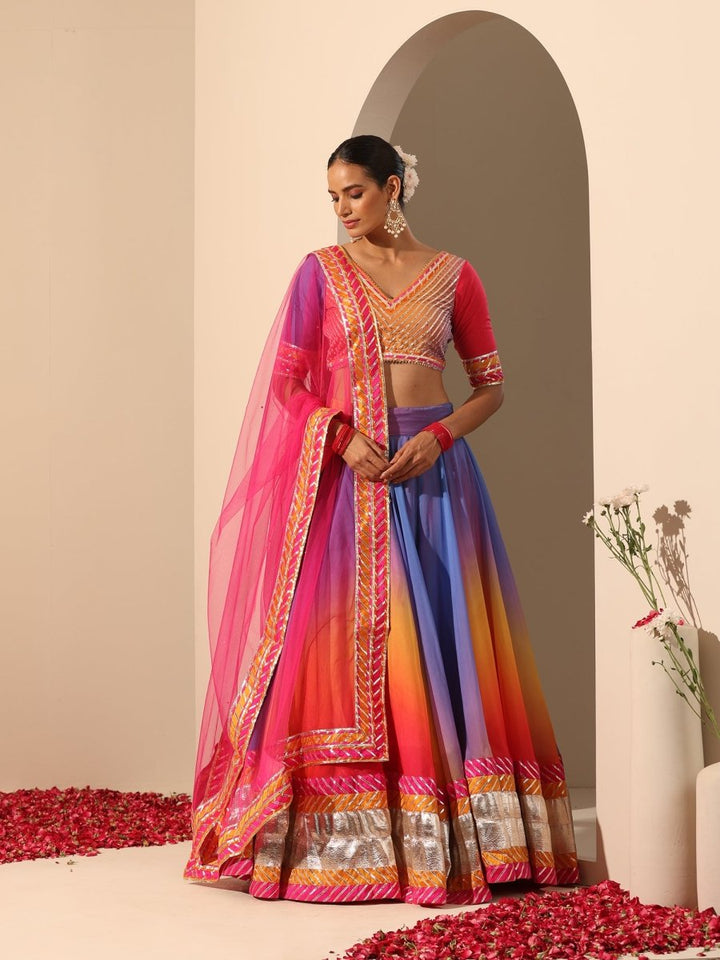 GUL RANGRITI MULTICOLOR ORGANZA LAPPA WORK LEHENGA WITH SOFT NET DUPATTA - Pomcha Jaipur