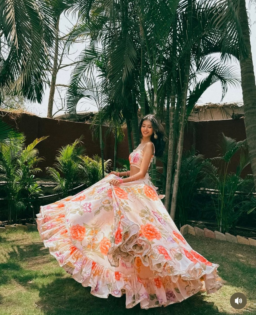 GUL RUHANI light peach colour Georgette LEHENGA with digital print and Georgette dupatta set - Pomcha Jaipur