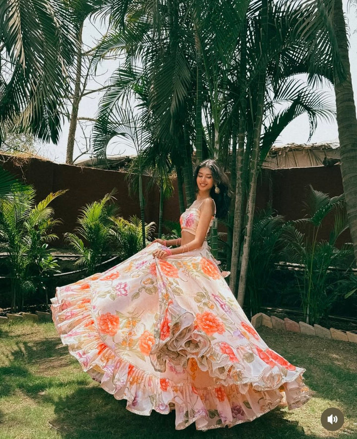 GUL RUHANI light peach colour Georgette LEHENGA with digital print and Georgette dupatta set - Pomcha Jaipur