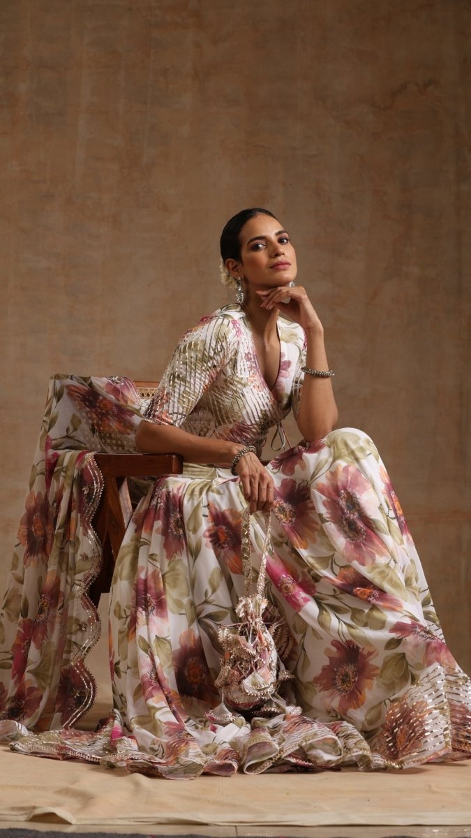 GUL SUFIYANA CREAM WHITE DIGITAL PRINT Georgette LEHENGA WITH Georgette DUPATTA SET - Pomcha Jaipur