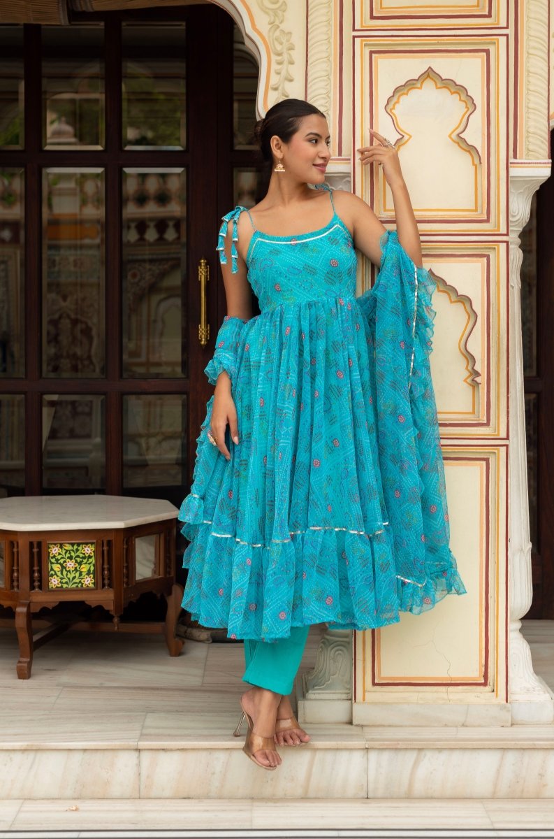 GULABI GALIYAN AASMANI BLUE BANDHEJ GEORGETTE ANARKALI SET WITH GEORGETTE DUPATTA - Pomcha Jaipur