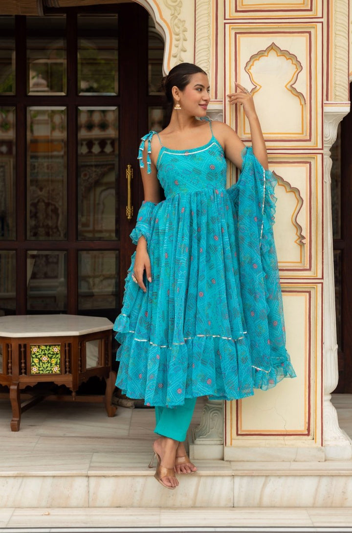 GULABI GALIYAN AASMANI BLUE BANDHEJ GEORGETTE ANARKALI SET WITH GEORGETTE DUPATTA - Pomcha Jaipur