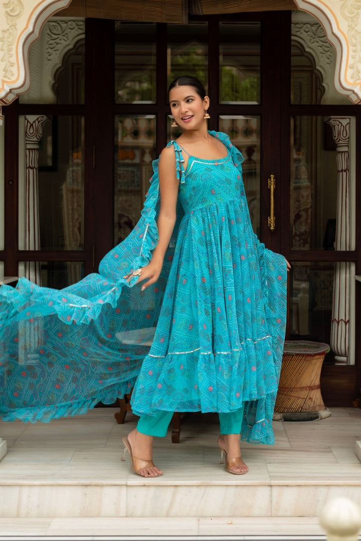 GULABI GALIYAN AASMANI BLUE BANDHEJ GEORGETTE ANARKALI SET WITH GEORGETTE DUPATTA - Pomcha Jaipur