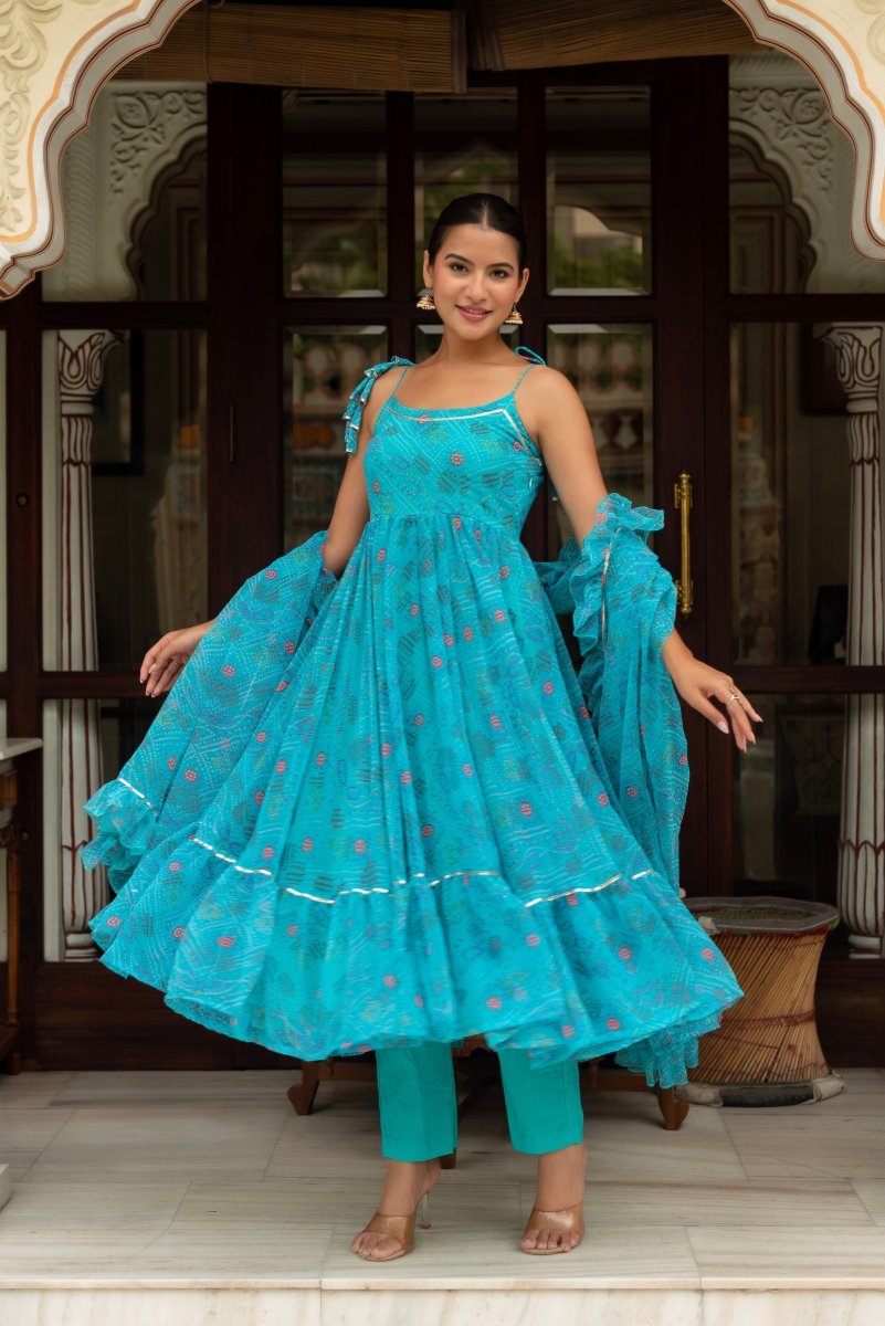GULABI GALIYAN AASMANI BLUE BANDHEJ GEORGETTE ANARKALI SET WITH GEORGETTE DUPATTA - Pomcha Jaipur