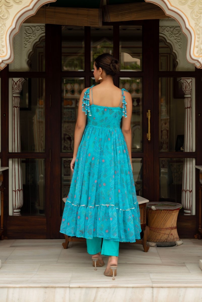 GULABI GALIYAN AASMANI BLUE BANDHEJ GEORGETTE ANARKALI SET WITH GEORGETTE DUPATTA - Pomcha Jaipur