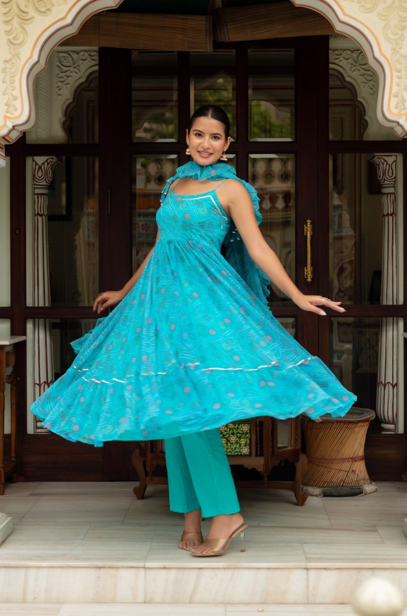 GULABI GALIYAN AASMANI BLUE BANDHEJ GEORGETTE ANARKALI SET WITH GEORGETTE DUPATTA - Pomcha Jaipur