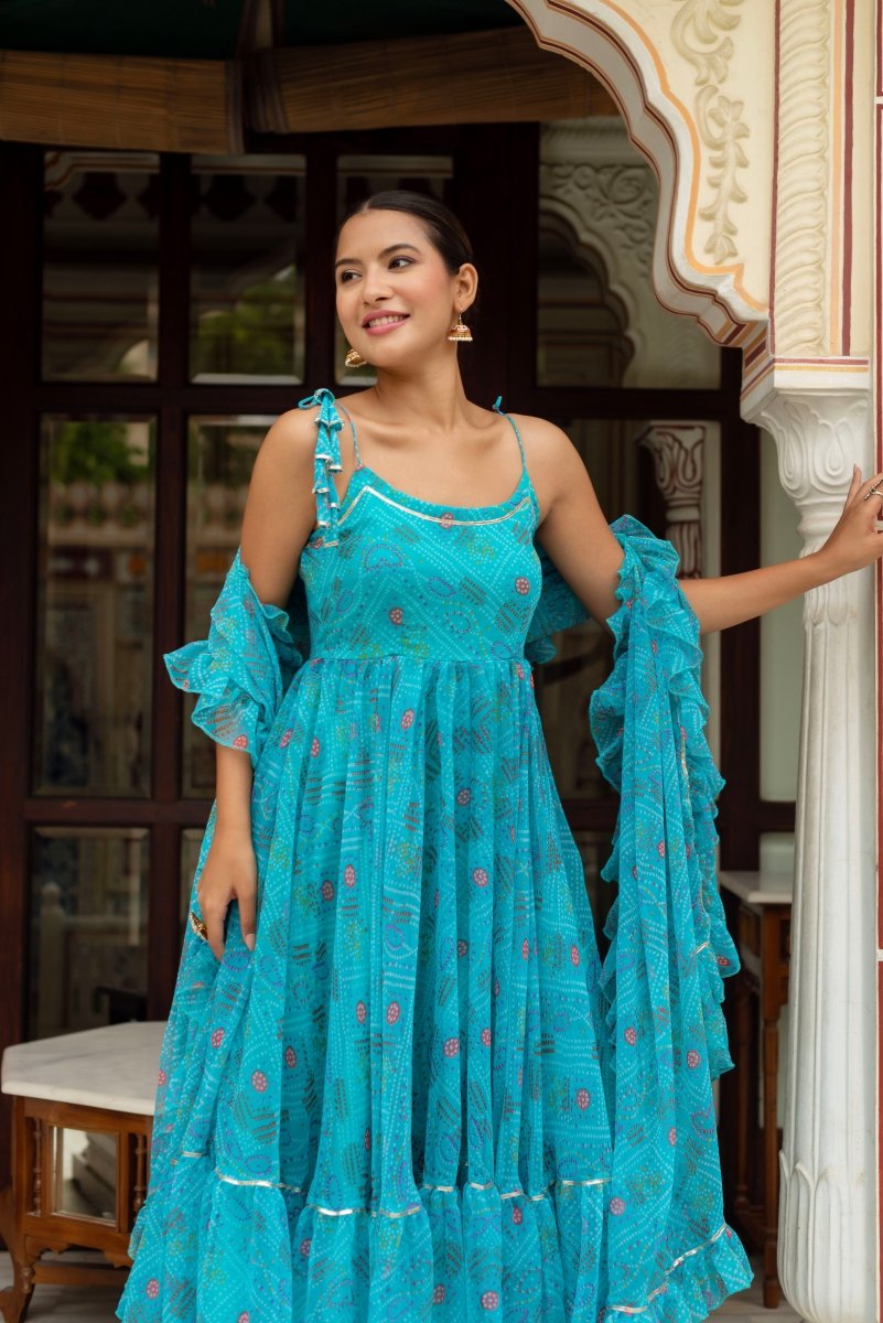GULABI GALIYAN AASMANI BLUE BANDHEJ GEORGETTE ANARKALI SET WITH GEORGETTE DUPATTA - Pomcha Jaipur