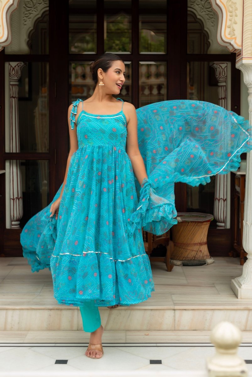 GULABI GALIYAN AASMANI BLUE BANDHEJ GEORGETTE ANARKALI SET WITH GEORGETTE DUPATTA - Pomcha Jaipur