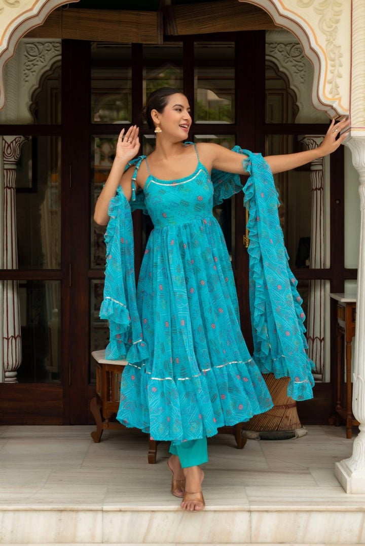GULABI GALIYAN AASMANI BLUE BANDHEJ GEORGETTE ANARKALI SET WITH GEORGETTE DUPATTA - Pomcha Jaipur