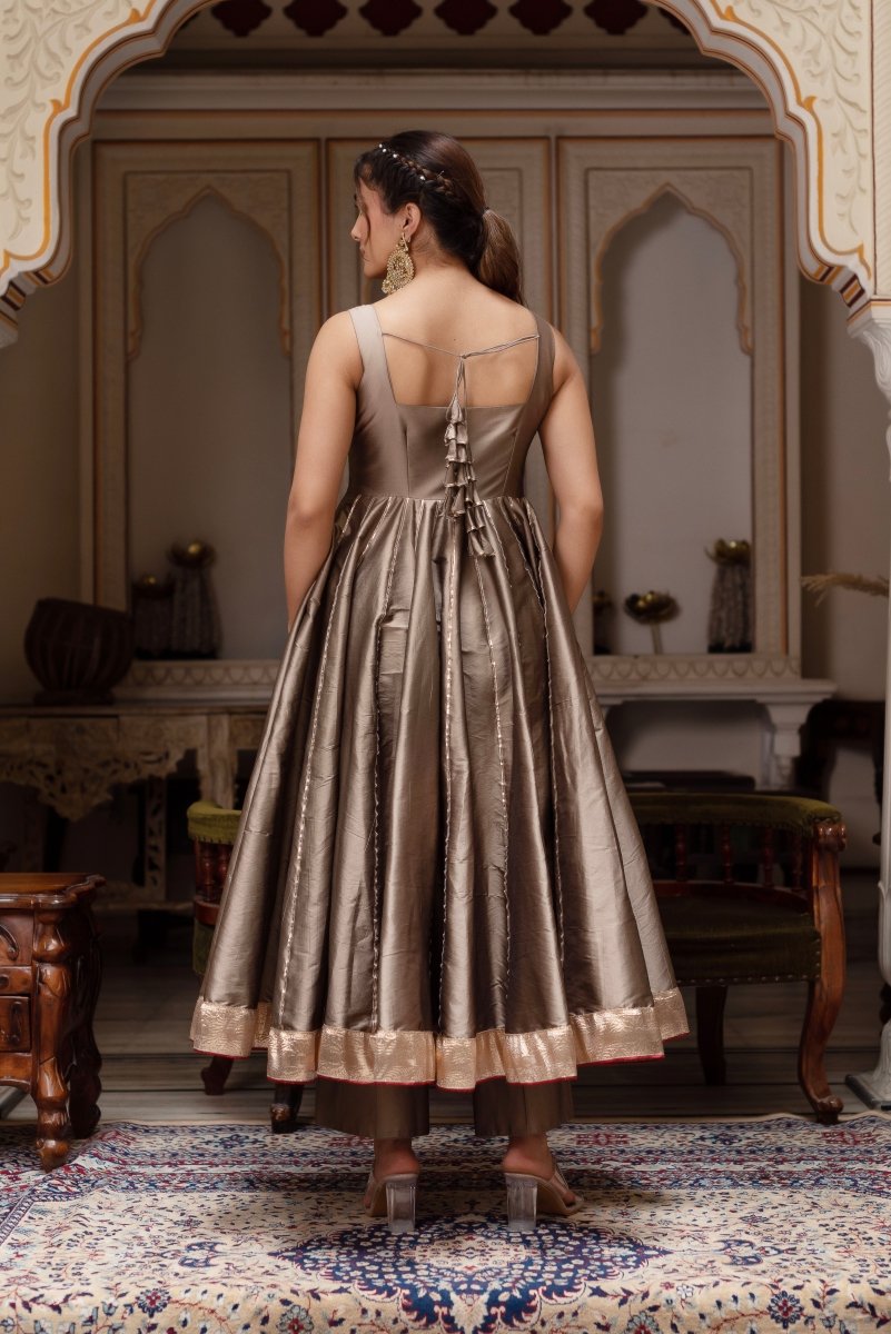 GULABI GALIYAN ASH GOLD TAFFETA GOTA PATTI ANARKALI SET WITH SOFT NET DUPATTA - Pomcha Jaipur