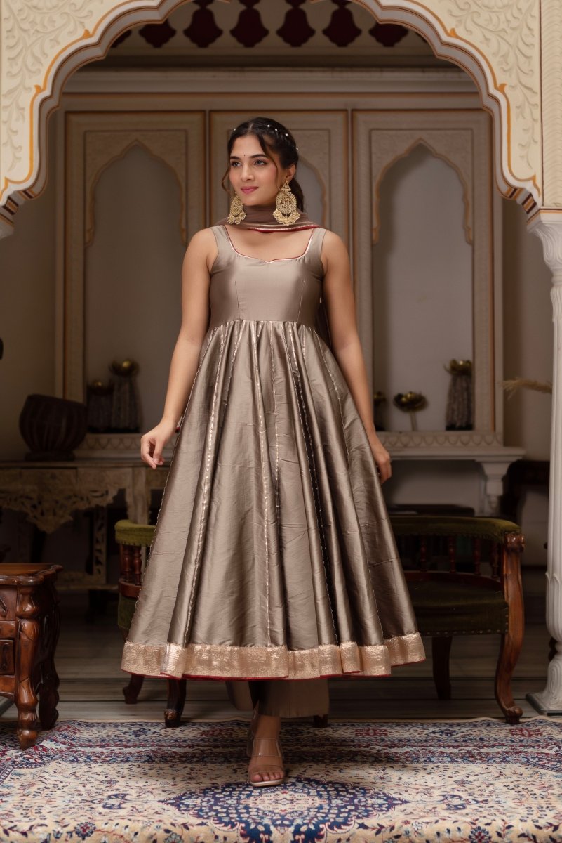 GULABI GALIYAN ASH GOLD TAFFETA GOTA PATTI ANARKALI SET WITH SOFT NET DUPATTA - Pomcha Jaipur