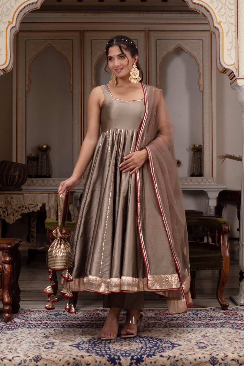 GULABI GALIYAN ASH GOLD TAFFETA GOTA PATTI ANARKALI SET WITH SOFT NET DUPATTA - Pomcha Jaipur