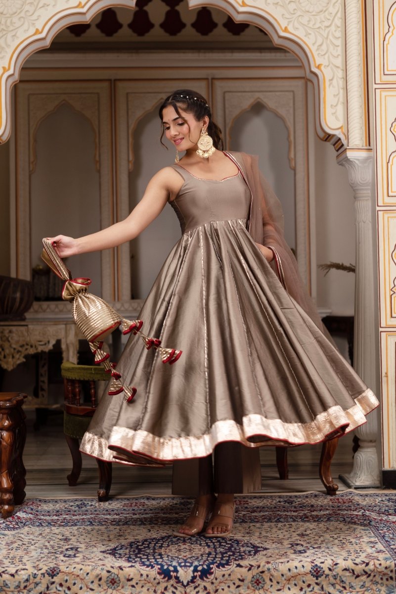GULABI GALIYAN ASH GOLD TAFFETA GOTA PATTI ANARKALI SET WITH SOFT NET DUPATTA - Pomcha Jaipur