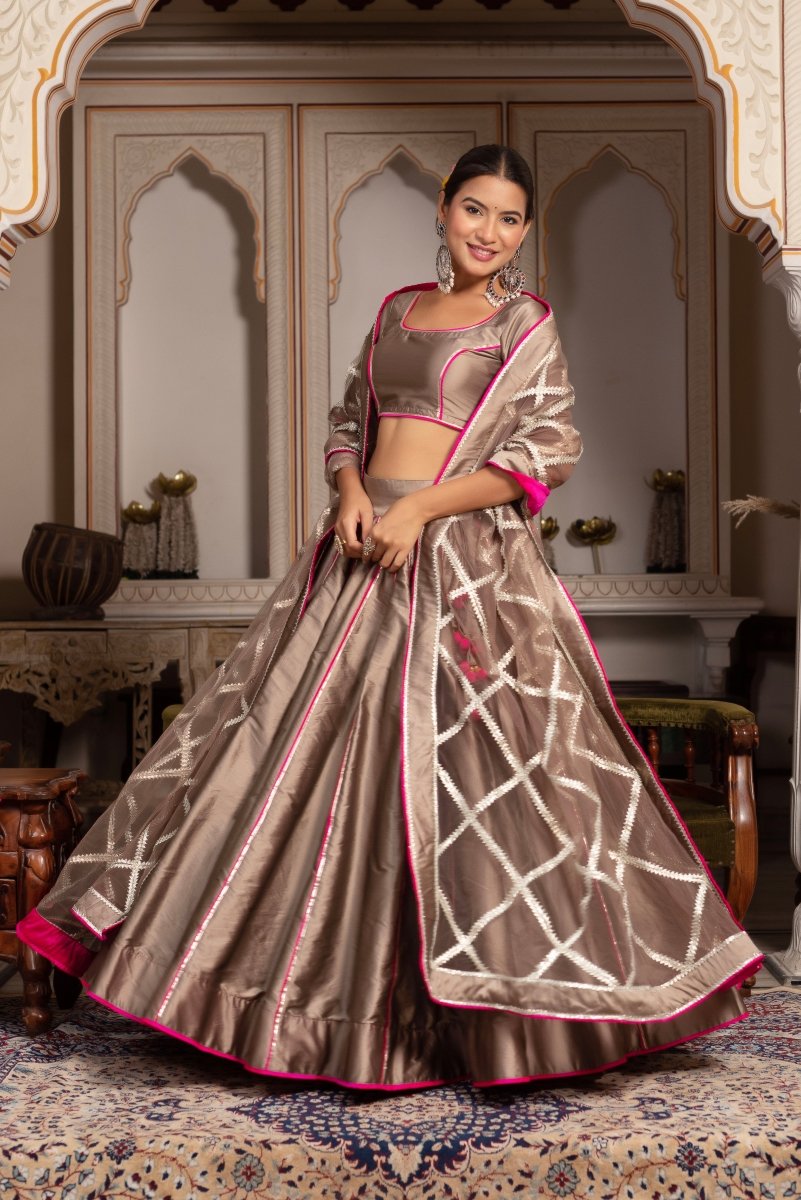 GULABI GALIYAN ASH GOLD TAFFETA SILK GOTA PATTI LEHENGA SET WITH SOFT NET DUPATTA - Pomcha Jaipur