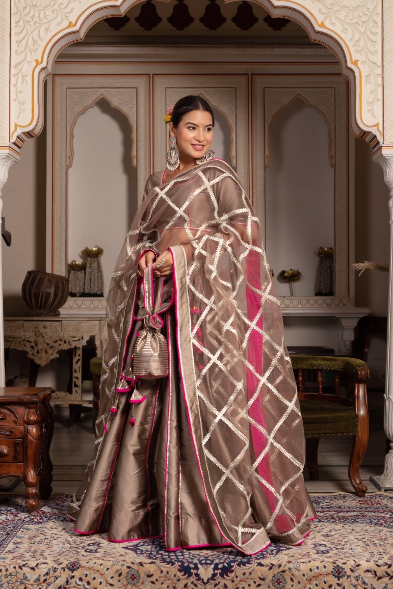 GULABI GALIYAN ASH GOLD TAFFETA SILK GOTA PATTI LEHENGA SET WITH SOFT NET DUPATTA - Pomcha Jaipur
