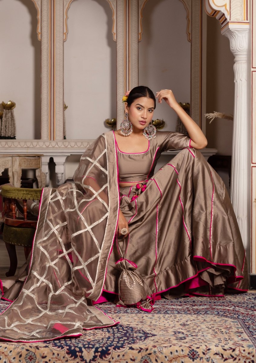 GULABI GALIYAN ASH GOLD TAFFETA SILK GOTA PATTI LEHENGA SET WITH SOFT NET DUPATTA - Pomcha Jaipur