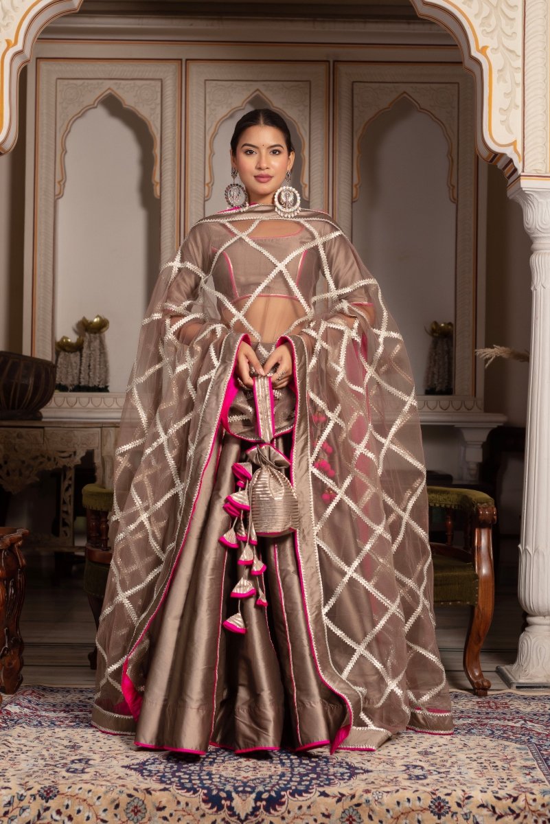 GULABI GALIYAN ASH GOLD TAFFETA SILK GOTA PATTI LEHENGA SET WITH SOFT NET DUPATTA - Pomcha Jaipur