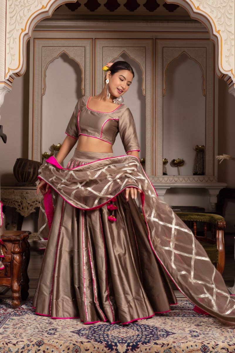 GULABI GALIYAN ASH GOLD TAFFETA SILK GOTA PATTI LEHENGA SET WITH SOFT NET DUPATTA - Pomcha Jaipur