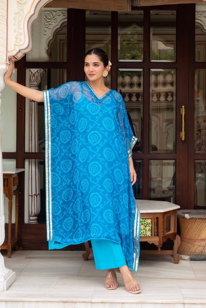 GULABI GALIYAN BANDEJ BLUE KAFTAN WITH COTTON PANT AND INNER - Pomcha Jaipur