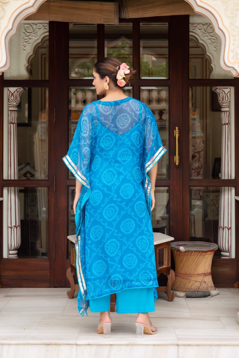 GULABI GALIYAN BANDEJ BLUE KAFTAN WITH COTTON PANT AND INNER - Pomcha Jaipur
