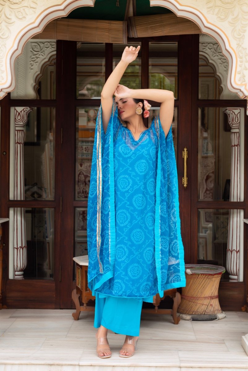 GULABI GALIYAN BANDEJ BLUE KAFTAN WITH COTTON PANT AND INNER - Pomcha Jaipur