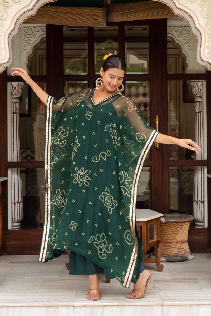 GULABI GALIYAN BANDEJ DARK GREEN KAFTAN WITH COTTON PANT AND INNER - Pomcha Jaipur