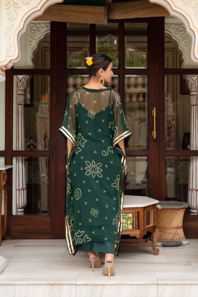 GULABI GALIYAN BANDEJ DARK GREEN KAFTAN WITH COTTON PANT AND INNER - Pomcha Jaipur