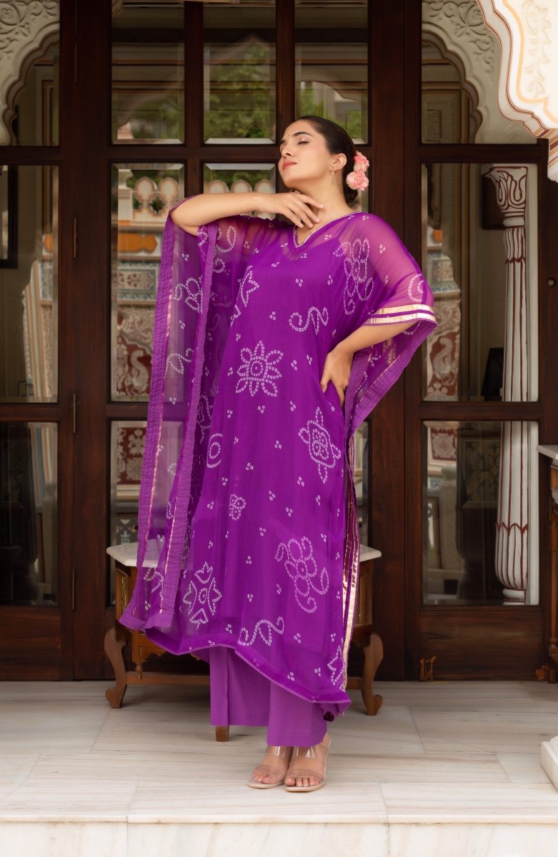 GULABI GALIYAN BANDEJ PURPLE KAFTAN WITH COTTON PANT AND INNER - Pomcha Jaipur