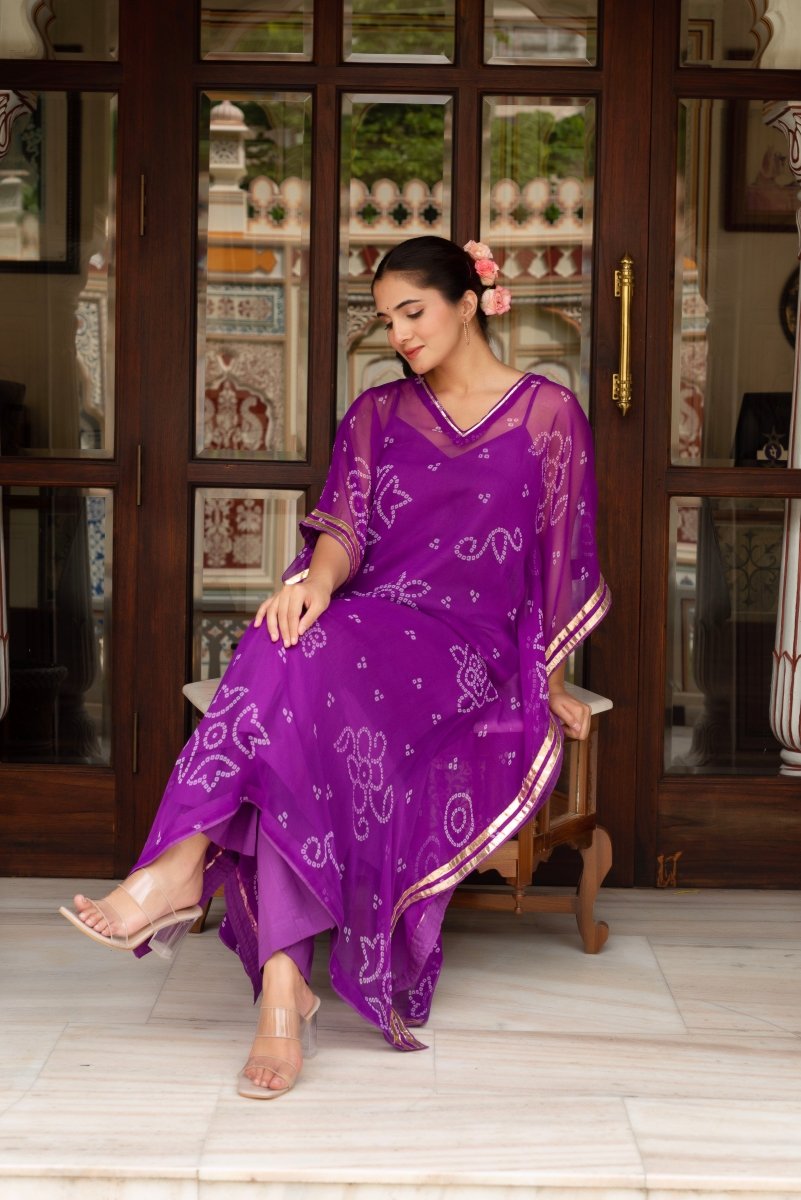 GULABI GALIYAN BANDEJ PURPLE KAFTAN WITH COTTON PANT AND INNER - Pomcha Jaipur