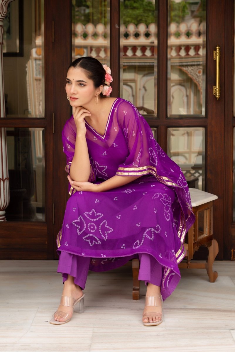 GULABI GALIYAN BANDEJ PURPLE KAFTAN WITH COTTON PANT AND INNER - Pomcha Jaipur