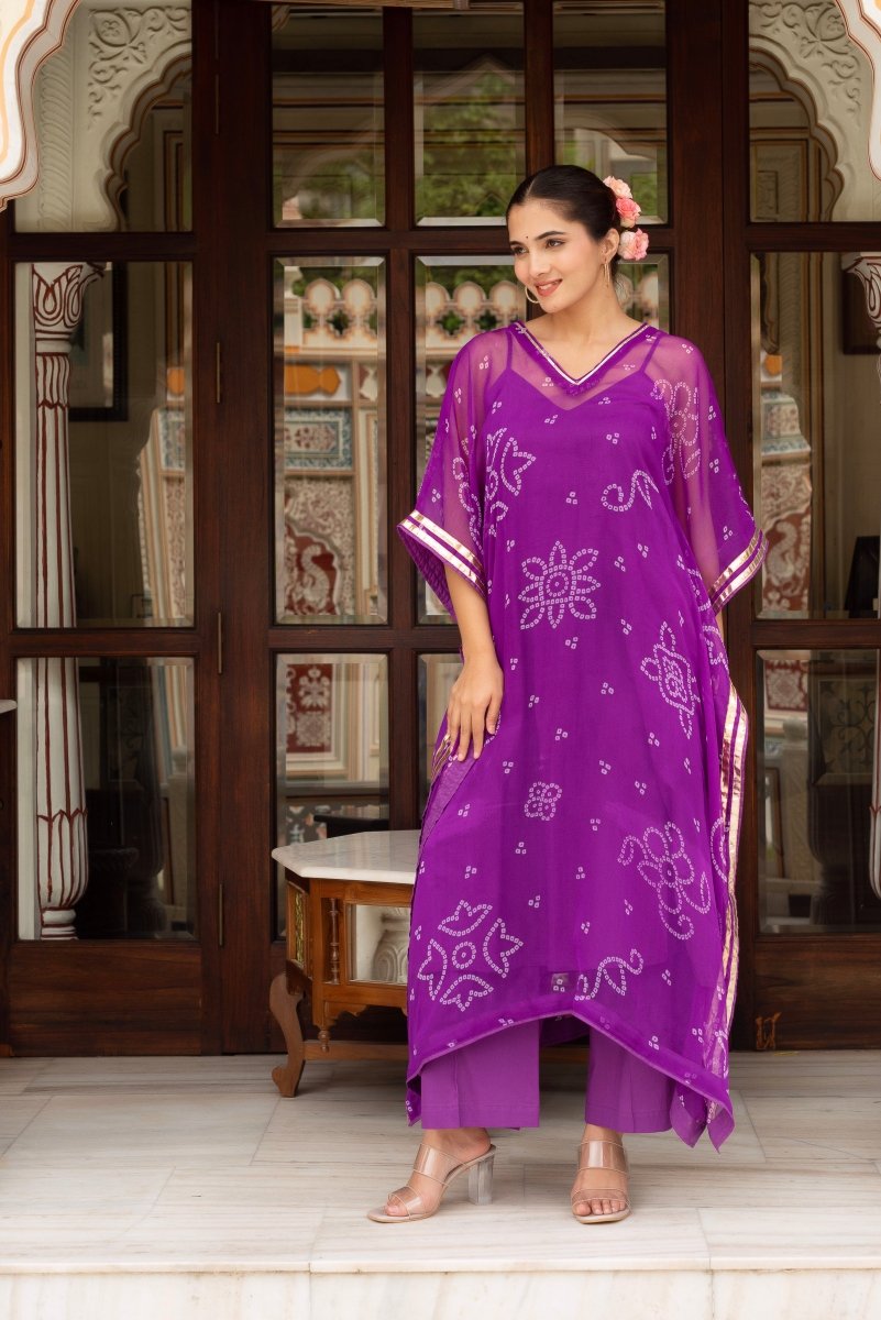 GULABI GALIYAN BANDEJ PURPLE KAFTAN WITH COTTON PANT AND INNER - Pomcha Jaipur