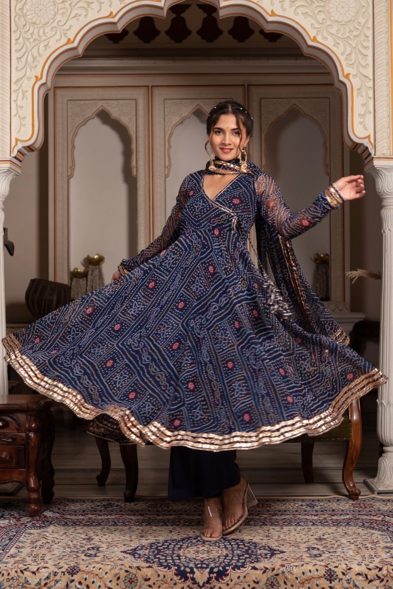 GULABI GALIYAN BANDHEJ BLUE GOTA PATTI GEORGETTE ANGRAKHA SET WITH GEORGETTE DUPATTA - Pomcha Jaipur