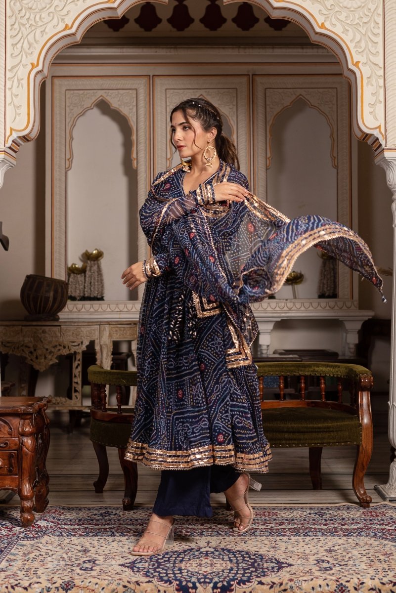 GULABI GALIYAN BANDHEJ BLUE GOTA PATTI GEORGETTE ANGRAKHA SET WITH GEORGETTE DUPATTA - Pomcha Jaipur