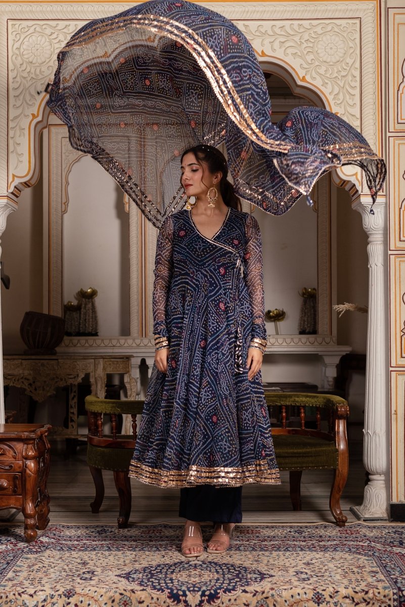 GULABI GALIYAN BANDHEJ BLUE GOTA PATTI GEORGETTE ANGRAKHA SET WITH GEORGETTE DUPATTA - Pomcha Jaipur