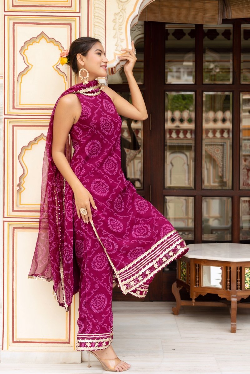 GULABI GALIYAN BANDHEJ GEORGETTE CRANBERRY SUIT SET WITH GEORGETTE DUPATTA - Pomcha Jaipur