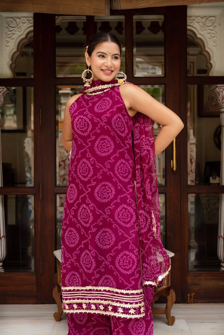 GULABI GALIYAN BANDHEJ GEORGETTE CRANBERRY SUIT SET WITH GEORGETTE DUPATTA - Pomcha Jaipur