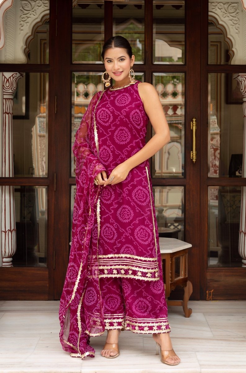 GULABI GALIYAN BANDHEJ GEORGETTE CRANBERRY SUIT SET WITH GEORGETTE DUPATTA - Pomcha Jaipur