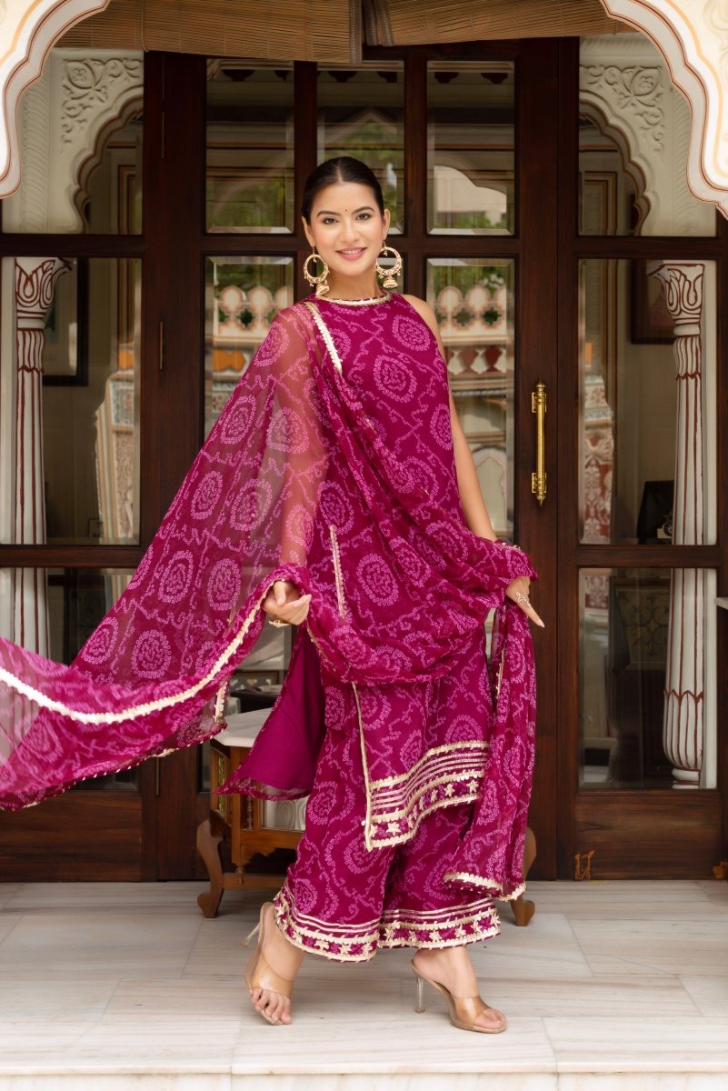 GULABI GALIYAN BANDHEJ GEORGETTE CRANBERRY SUIT SET WITH GEORGETTE DUPATTA - Pomcha Jaipur