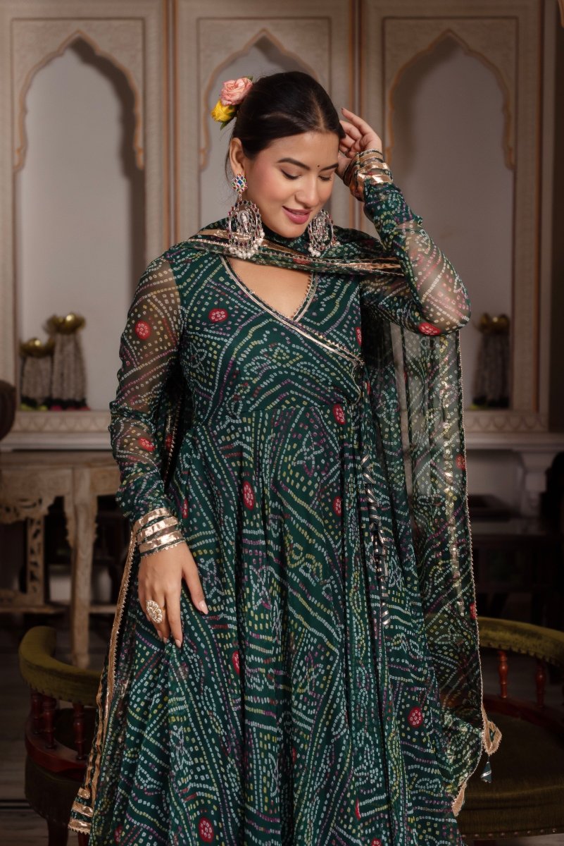 GULABI GALIYAN BANDHEJ GREEN GEORGETTE GOTA PATTI ANGRAKHA SET WITH GEORGETTE DUPATTA - Pomcha Jaipur