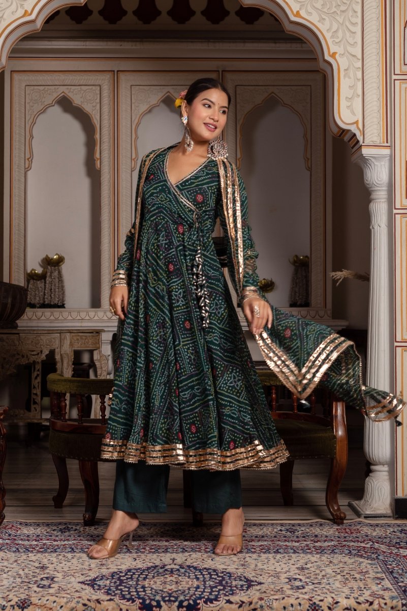 GULABI GALIYAN BANDHEJ GREEN GEORGETTE GOTA PATTI ANGRAKHA SET WITH GEORGETTE DUPATTA - Pomcha Jaipur