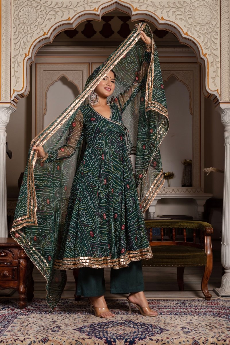 GULABI GALIYAN BANDHEJ GREEN GEORGETTE GOTA PATTI ANGRAKHA SET WITH GEORGETTE DUPATTA - Pomcha Jaipur