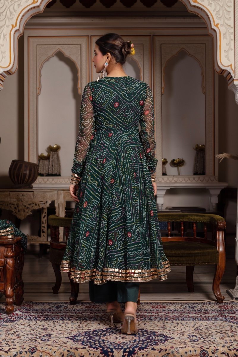 GULABI GALIYAN BANDHEJ GREEN GEORGETTE GOTA PATTI ANGRAKHA SET WITH GEORGETTE DUPATTA - Pomcha Jaipur