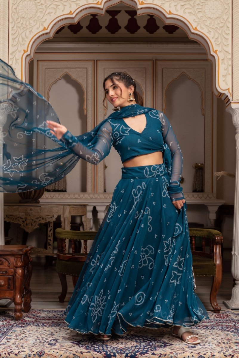 GULABI GALIYAN BANDHEJ TEAL GREEN GEORGETTE MANJARI LEHENGA SET WITH GEORGETTE DUPATTA - Pomcha Jaipur