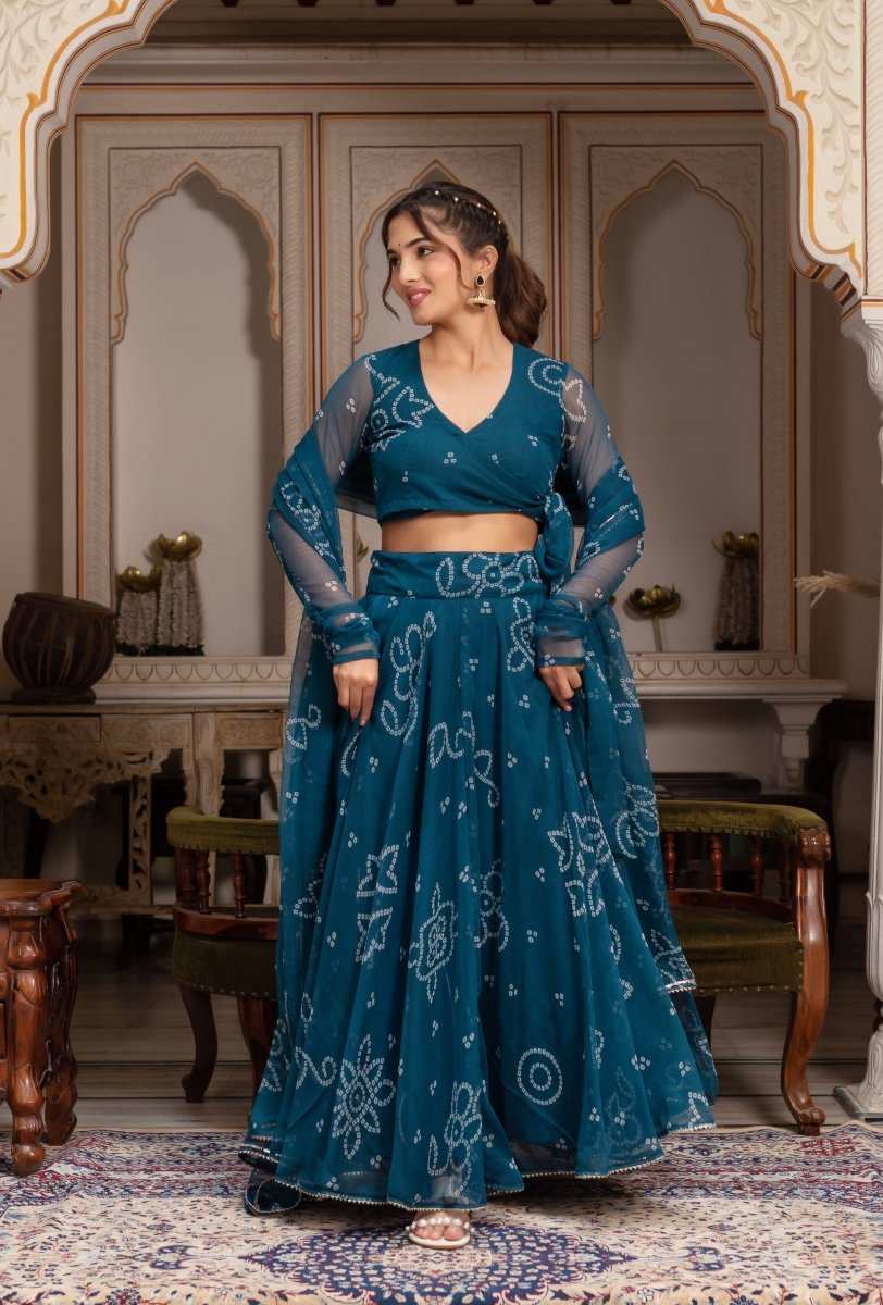 GULABI GALIYAN BANDHEJ TEAL GREEN GEORGETTE MANJARI LEHENGA SET WITH GEORGETTE DUPATTA - Pomcha Jaipur