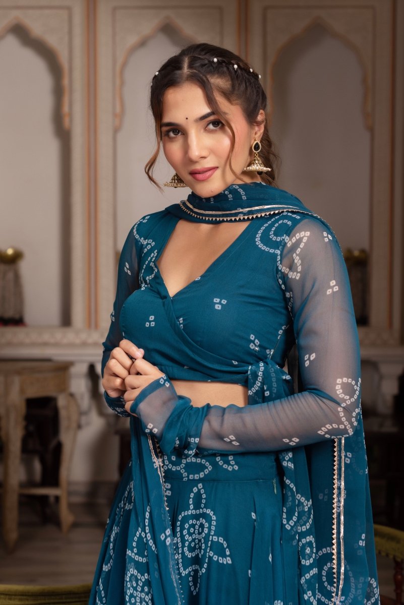 GULABI GALIYAN BANDHEJ TEAL GREEN GEORGETTE MANJARI LEHENGA SET WITH GEORGETTE DUPATTA - Pomcha Jaipur