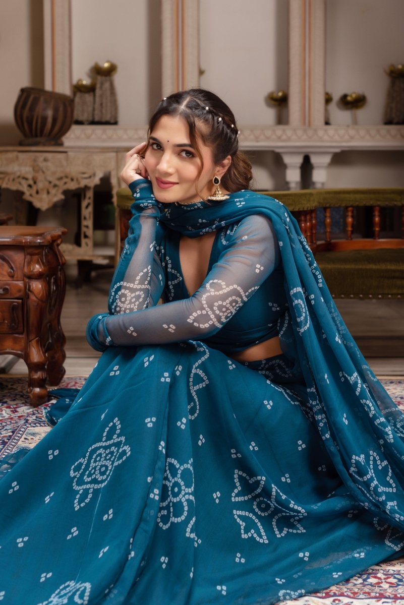 GULABI GALIYAN BANDHEJ TEAL GREEN GEORGETTE MANJARI LEHENGA SET WITH GEORGETTE DUPATTA - Pomcha Jaipur