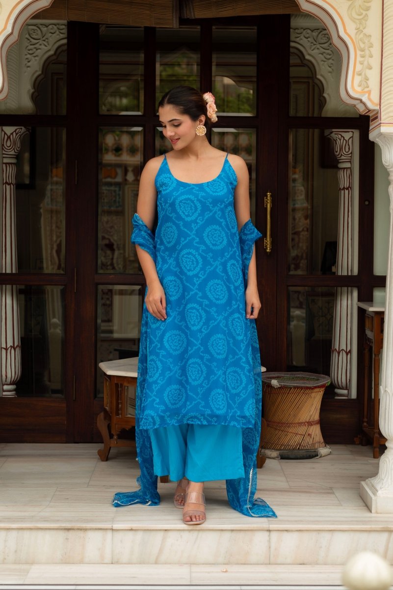 GULABI GALIYAN BLUE BANDHEJ STRIAGHT SUIT SET WITH GEORGETTE DUPATTA - Pomcha Jaipur